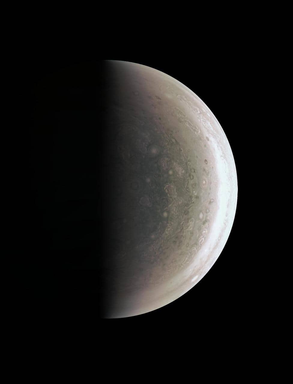Immagine ravvicinata di Giove con le sue bande atmosferiche e gli ovali polari