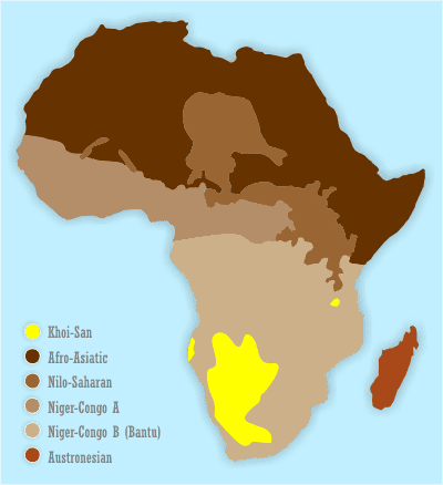 Mappa della distribuzione storica delle popolazioni khoisan in Africa australe