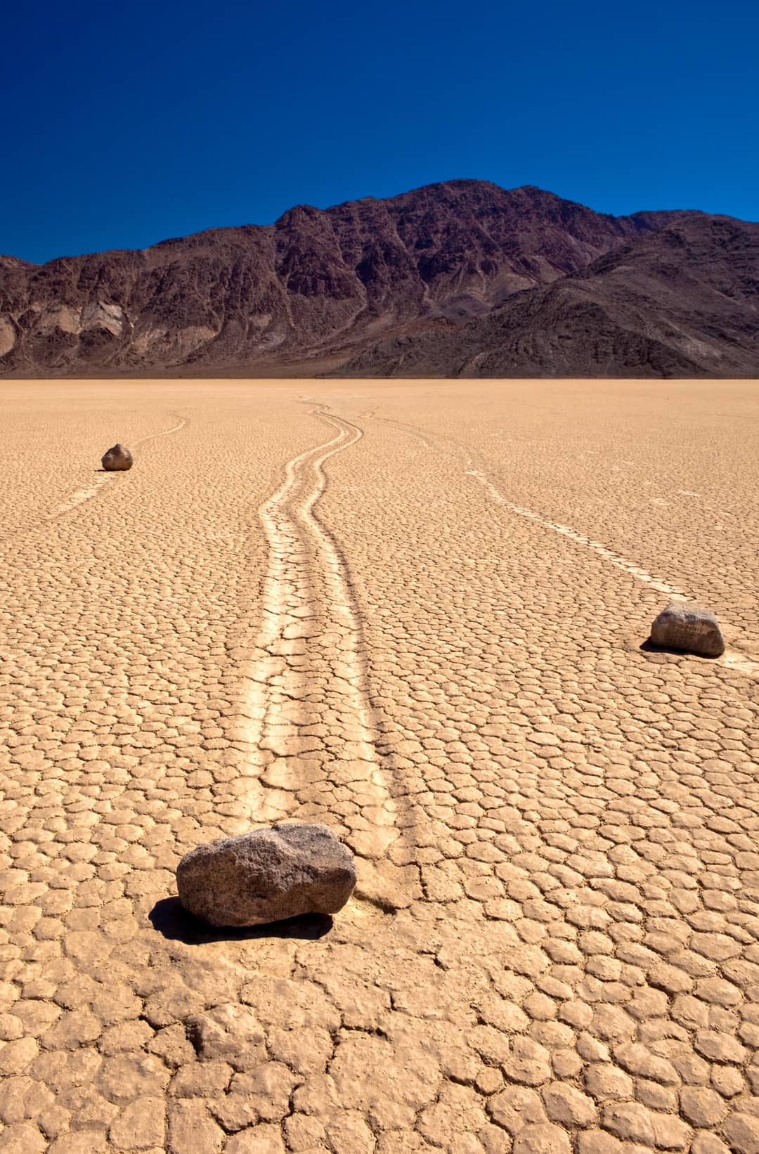 Pietra erratica con la sua scia di trascinamento sul fondo asciutto di Racetrack Playa