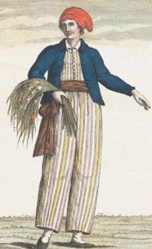 Ritratto storico di Jeanne Baret raffigurata con abiti maschili e un copricapo