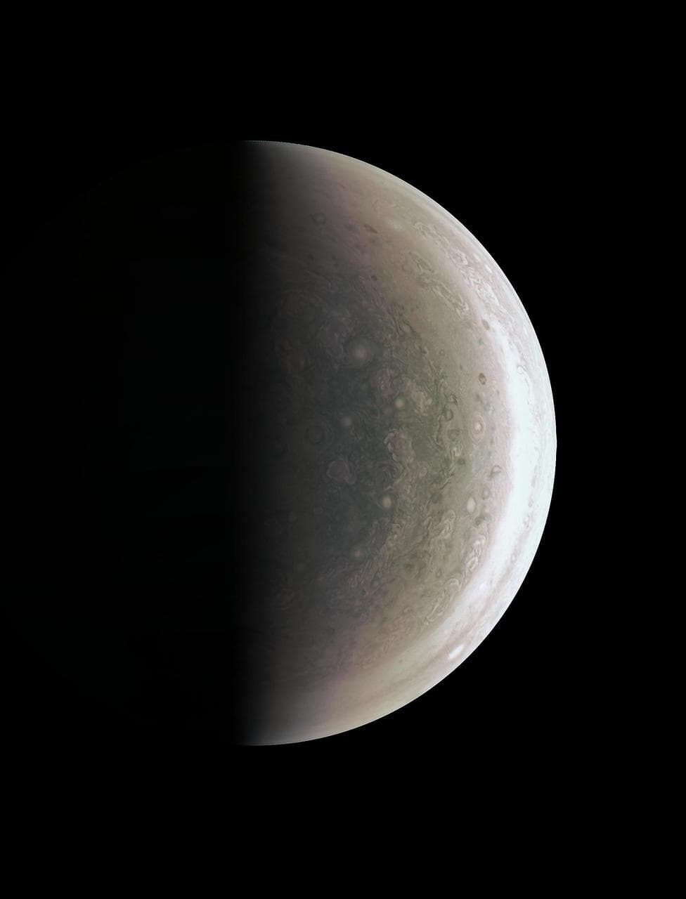 Immagine ravvicinata di Giove con le sue bande atmosferiche e gli ovali polari