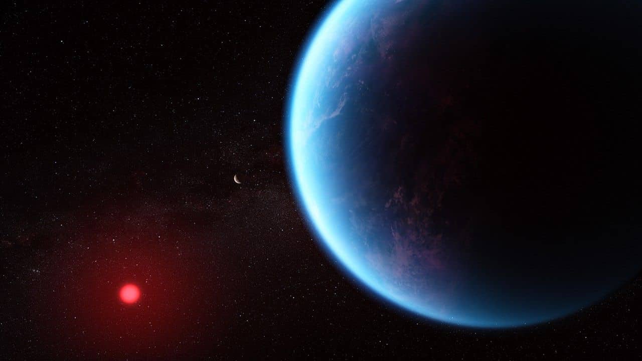 Rappresentazione artistica dell'esopianeta K2-18b davanti alla sua nana rossa