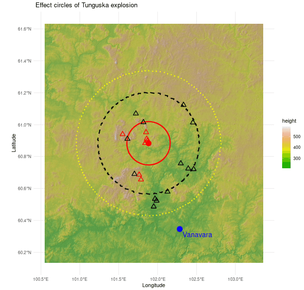 Mappa dell'area di Tunguska con i cerchi che indicano la zona di abbattimento degli alberi