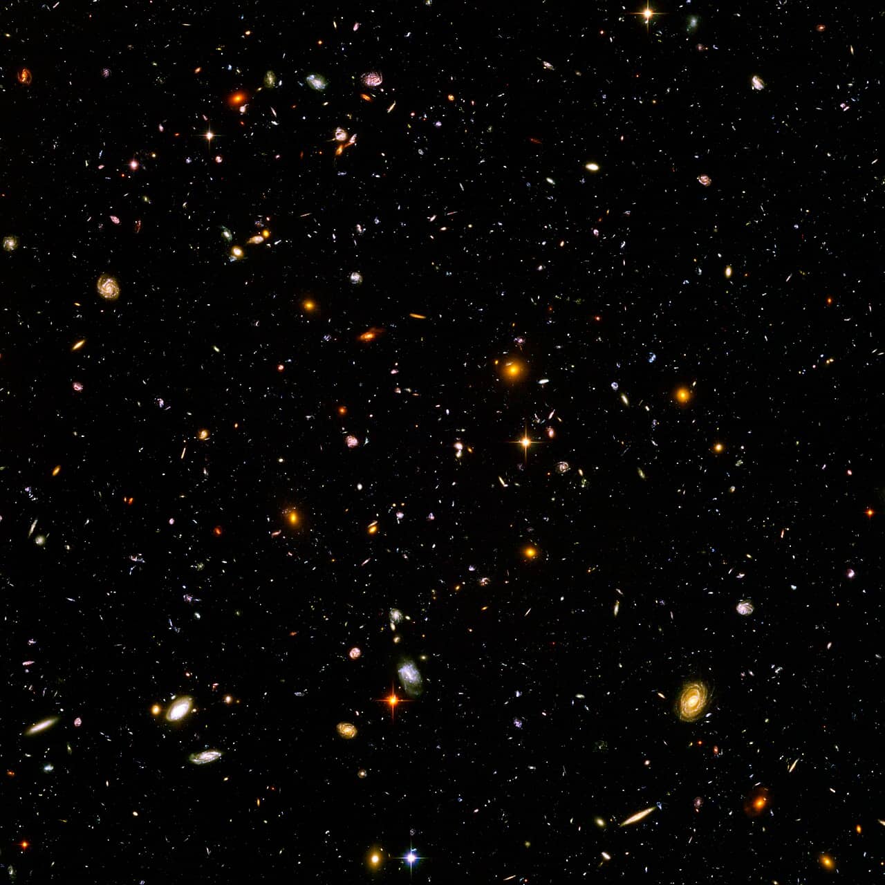 Campo profondo di Hubble con migliaia di galassie su sfondo nero, illustrazione del paradosso di Olbers