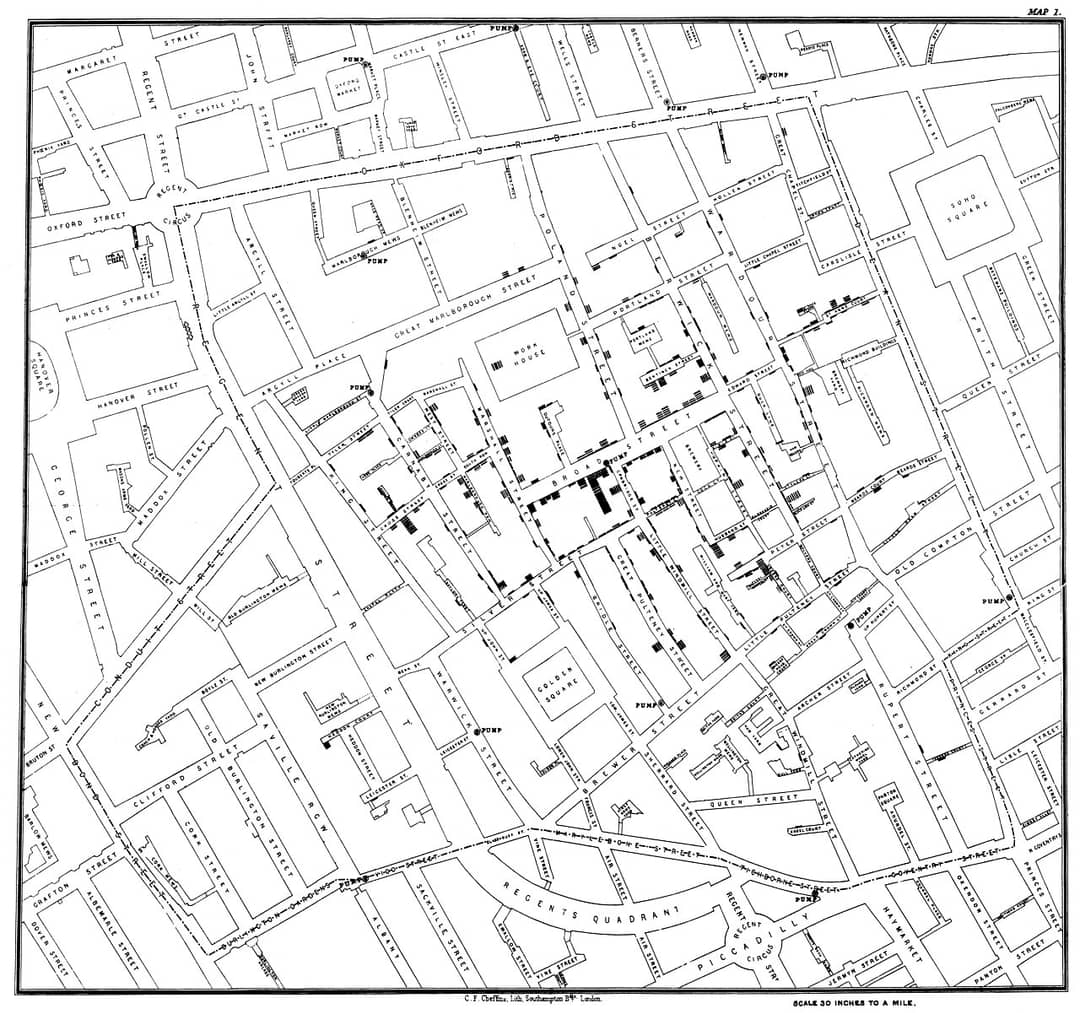 Mappa originale di John Snow del 1854 con i decessi di colera segnati intorno alla pompa di Broad Street