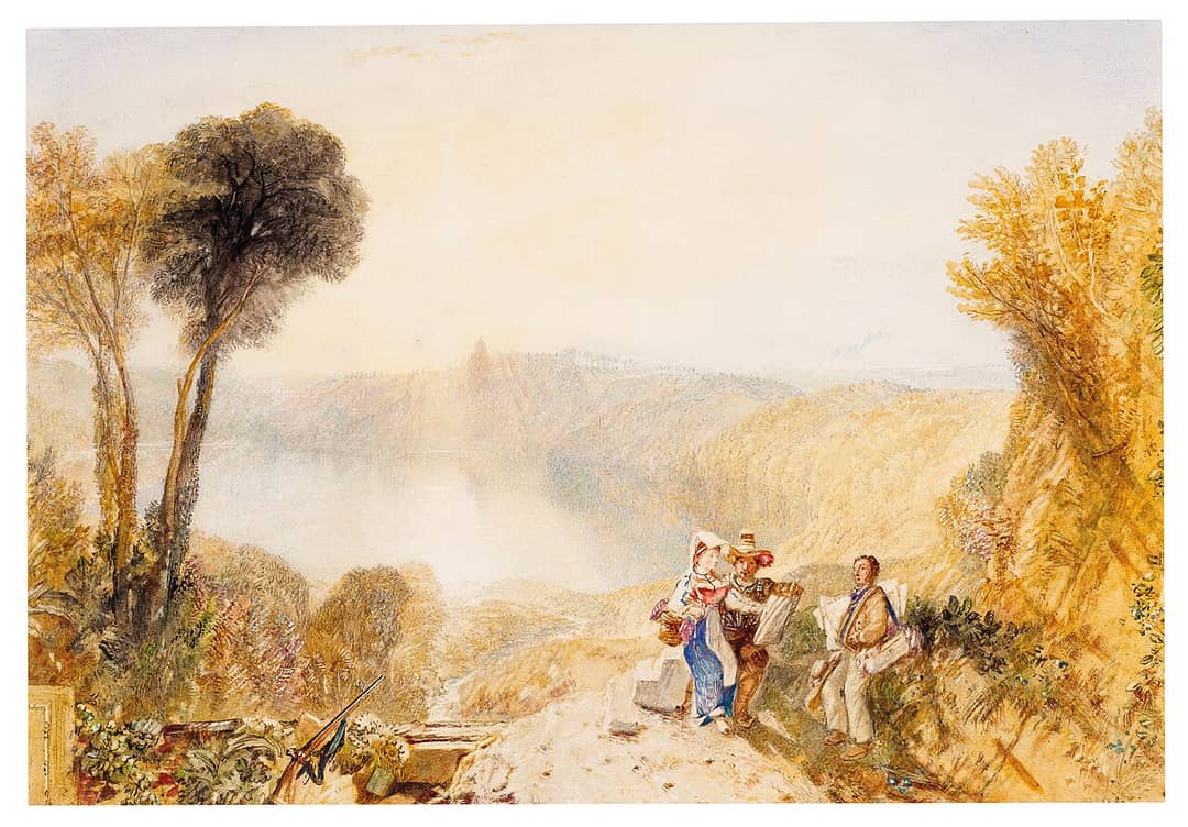 Acquerello di Turner raffigurante il lago Albano in Italia con luce dorata