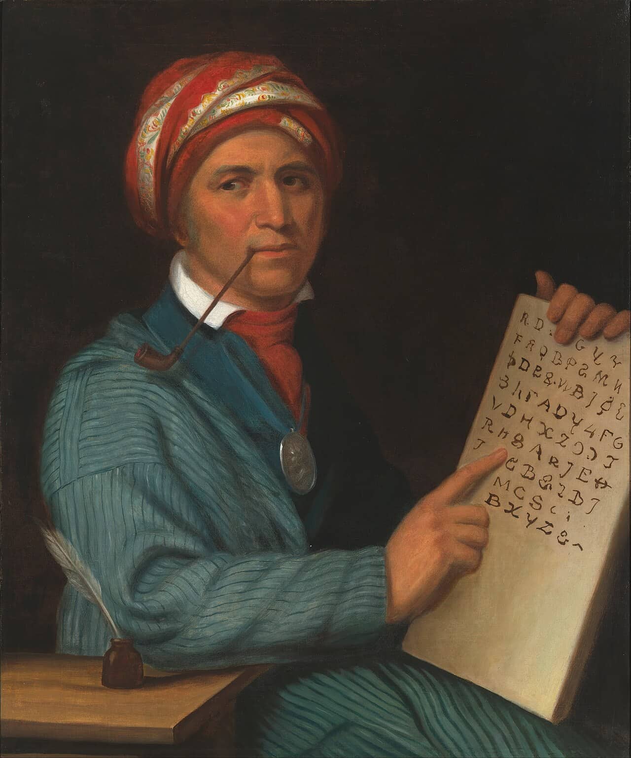 Ritratto dipinto di Sequoyah che mostra una tavola con il sillabario cherokee