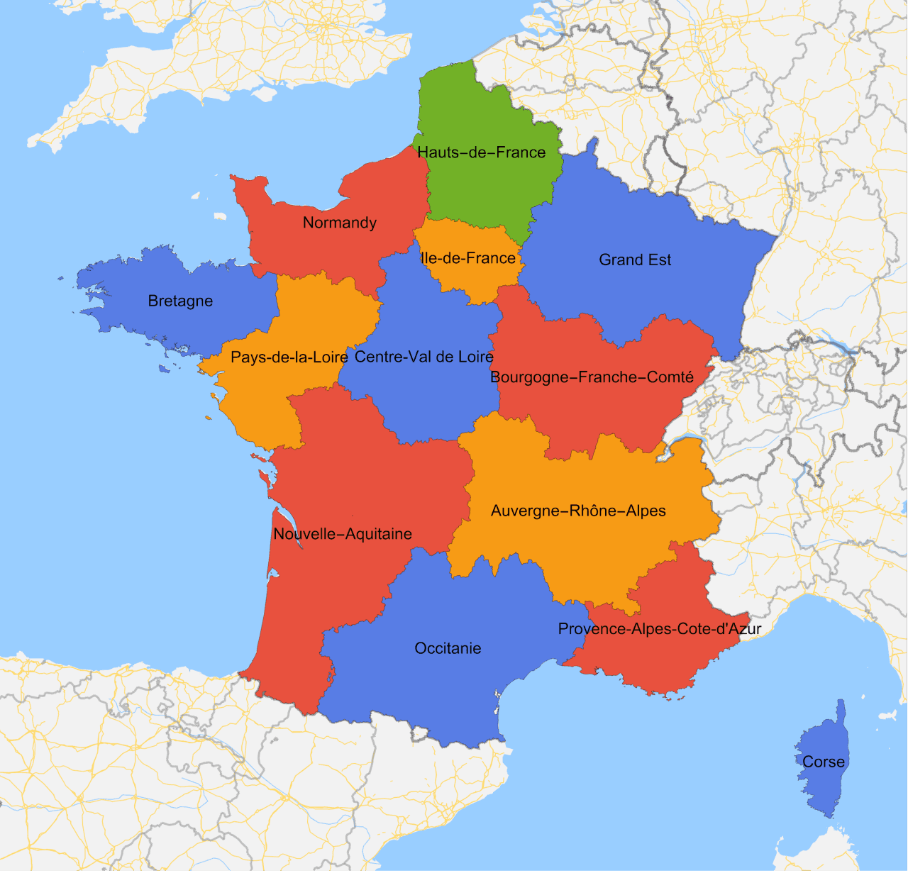Mappa dei dipartimenti della Francia colorata con soli quattro colori senza regioni adiacenti dello stesso colore
